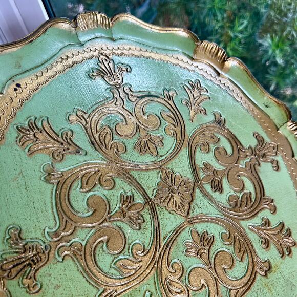 Vintage Italian Florentine Green & Gold Round Tray 15.5” Made in Italy - Picture 5 of 11